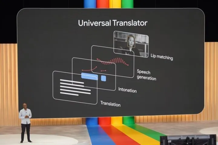 Google, Universal Translator, süni intellekt, tərcümə, texnologiya, Google I/O, inqilab, risklər, videonu yenidən səsləndirmə, danışanın dodaq hərəkətləri, sinxronizasiya, dublyaj, sui-istifadə, James Manyika, nitqi transkripsiya, deepfake videosu, cəsarət, təhlükəsizlik, gərginlik, tarazlıq, post-produktor.